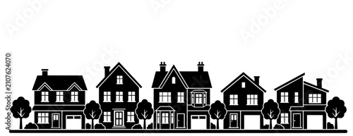 Obraz na plátně Bold black silhouette of a classic suburban street with a row of two-story houses, garages, and trees, minimalist illustration perfect for real estate, neighborhood, and community themes