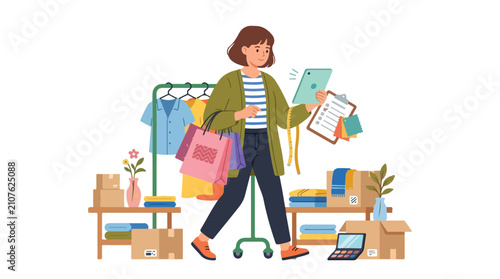 A young woman balances multiple tasks for her fashion business, holding a tablet and shopping bags while surrounded by clothing racks and boxes.