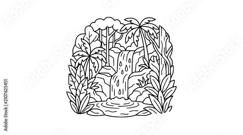 Jungle Waterfall Illustration - Lush Tropical Nature Scene