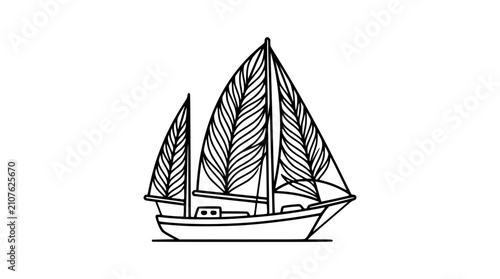 Fotografi Minimalist Line Art Sailboat Illustration, Nautical Adventure, Ocean Travel, Vec