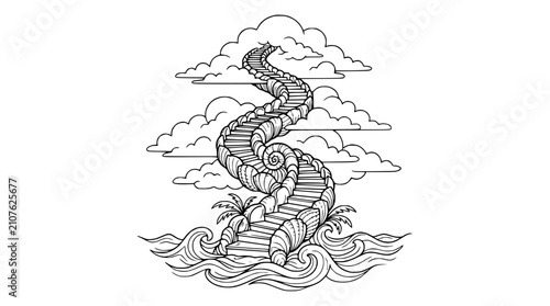 Whimsical Stairway to Clouds Ascending from Ocean Waves, Fantasy Path Illustration
