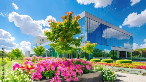 Modern Office Building Surrounded by Vibrant Flower Beds Under a Bright Blue Sky with Fluffy White Clouds