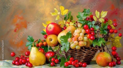 Fresh Seasonal Fruits in a Beautiful Basket with Colorful Autumn Leaves and Vibrant Background