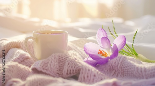 Soft Morning Light on Cozy Blanket with Cup of Tea and Beautiful Flower Arrangement in Relaxed Indoor Setting