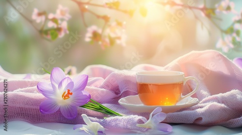 Serene Morning Tea with Blossoming Flower on Soft Fabric Under Gentle Sunlight