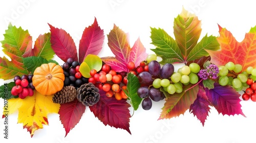 Vibrant Autumn Harvest Display with Colorful Fruits, Leaves, and a Pumpkin Arrangement