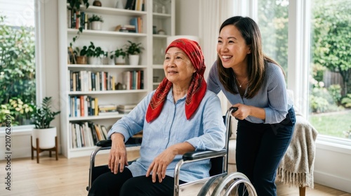 Cheerful young Asian woman supports her elderly mother wearing a red headscarf while seated in a wheelchair inside a bright home, representing family