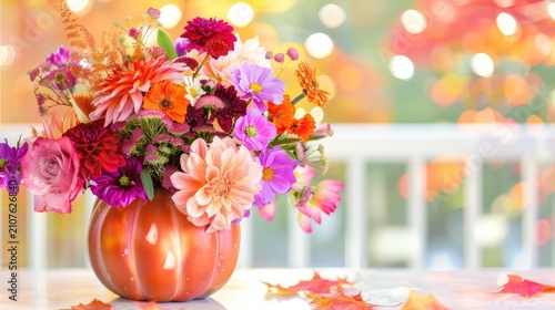 Vibrant Floral Arrangement in Pumpkin Vase Surrounded by Autumn Leaves and Warm Bokeh Background