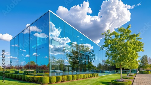 Modern Glass Building Surrounded by Lush Green Landscape under a Bright Blue Sky with Fluffy Clouds