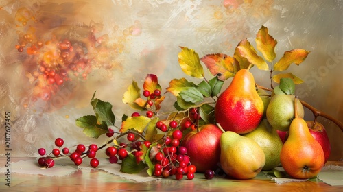 Colorful Arrangement of Fresh Pears and Berries Surrounded by Autumn Leaves on a Rustic Background