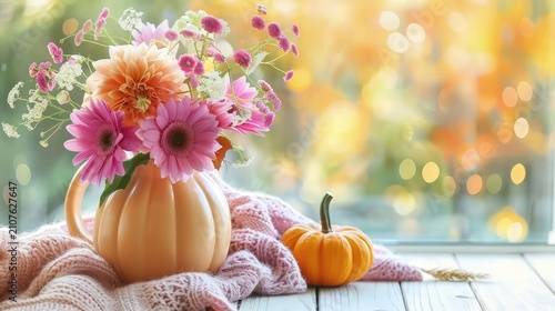 Vibrant Autumn Flower Arrangement in Pumpkin Vase with Cozy Throw Against Soft Bokeh Background