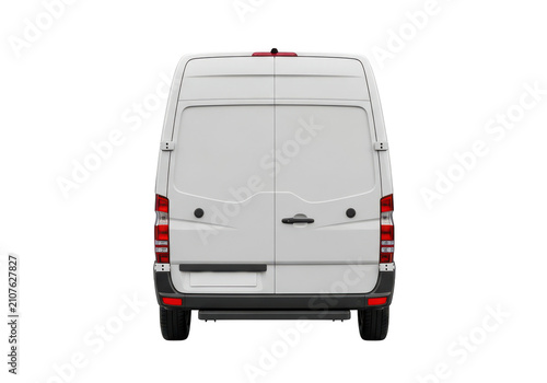 Rear view of a white commercial cargo van isolated on transparent background