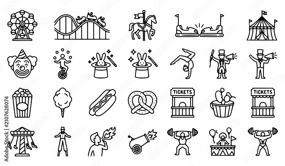 Fototapeta premium Amusement Park Carnival Festival Outline Icons Collection with Rides Games and Entertainment Symbols