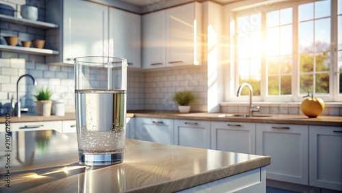 Crystal clear water cascades into a chilled glass spotlighted against crisp white countertops in vibrant morning kitchen