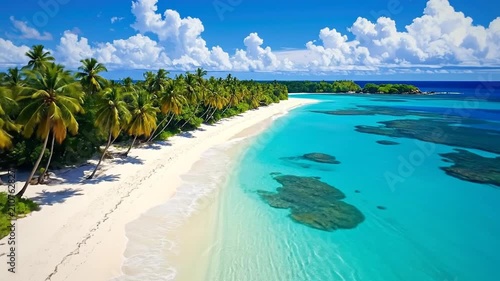 A pristine tropical beach with white sand and turquoise water