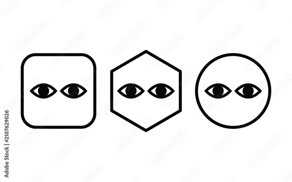 Fototapeta premium Three pairs of eyes within geometric shapes a square hexagon and circle silhouette pair optical sensor vision sight perception shape
