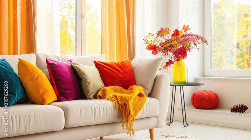 Cozy Living Room with Colorful Cushions and Elegant Floral Arrangement in Autumn Setting