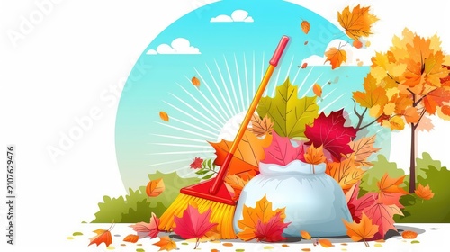 Vibrant Autumn Landscape with Broom and Leaf Bag Depicting Fall Cleanup at Sunrise