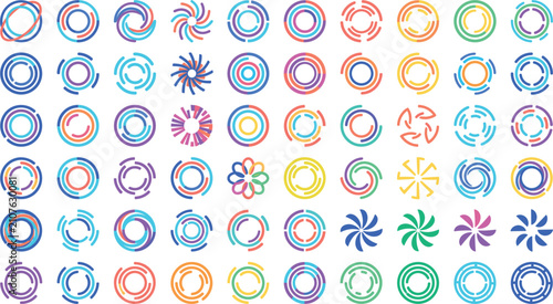 Colorful abstract concentric circle segmented line radial ring vector element set for modern graphic design