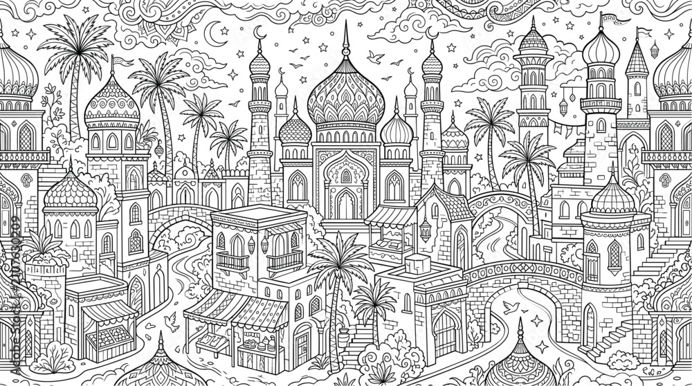 Naklejka premium Islamic Middle East city vector line art coloring page with mosque domes minarets palm treesIslamic Middle East city vector line art coloring page with mosque domes minarets palm trees