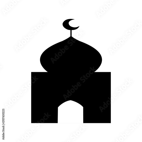 Islamic Mosque Building with Dome and Crescent Silhouette Icon