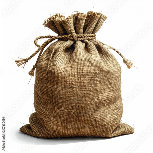 A tied burlap sack with a drawstring, isolated on a white background