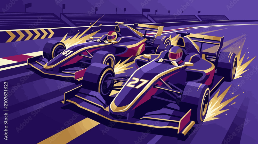 Obraz premium Thrilling Formula Racing Cars Compete On Track In Dramatic Style