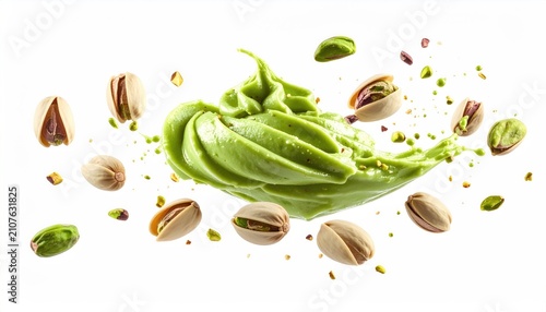 Vibrant green pistachio spread swirls with scattered nuts against white