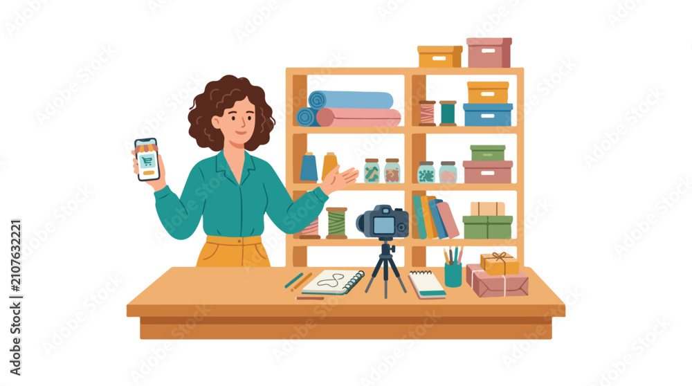 Fototapeta premium A creative woman showcases her online craft store while filming a video blog surrounded by sewing supplies and handmade products.