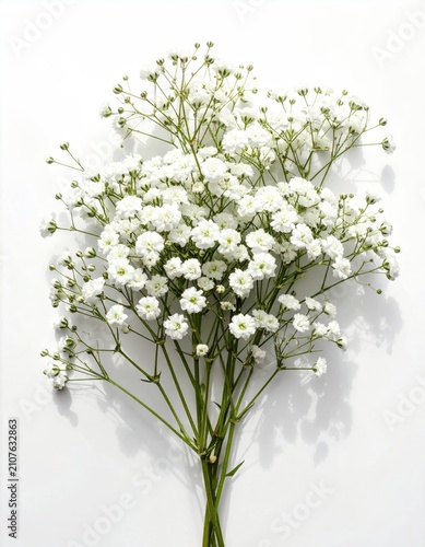 Delicate bouquet of tiny white flowers, clustered on slender stems against a clean white background