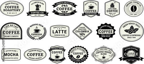 Coffee badge labels with retro cafe logos, arabica roast stamps, latte signs and premium quality emblems for coffee shop branding, packaging, menu and sticker vector design