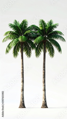 Two tall, lush palm trees with textured trunks and green fronds