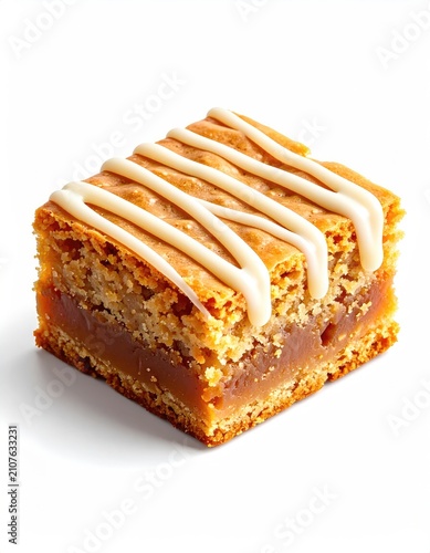 Rich, layered cookie bar with caramel filling and white icing drizzle