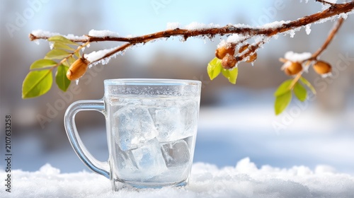 Glass of ice water sitting on snow under a frosted branch with green leaves