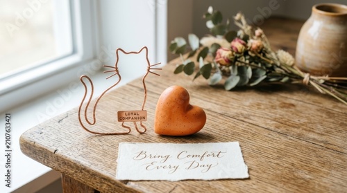 Elegant minimalist wire cat sculpture stands beside a smooth ceramic heart and an inspirational card on a rustic wooden table, creating a serene and comforting atmosphere for pet lovers and home