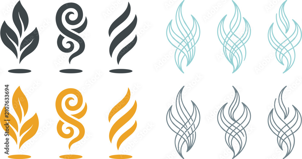 Obraz premium Vector collection of abstract smoke aroma and wave line icons for cosmetic perfume spa branding isolated on a clean white background