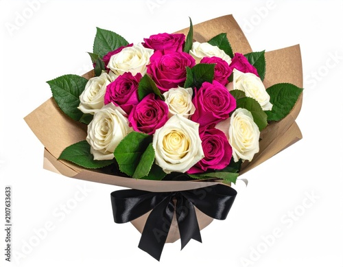 A vibrant bouquet of pink and white roses with green leaves, tied with black ribbon