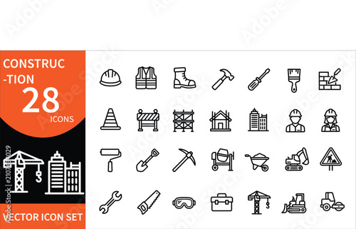Construction Line Icons Set Including Hard Hat, Tools, Workers, Machinery and Building Editable Vector Set