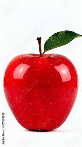 Fresh red apple with green leaf on white