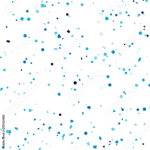 Vibrant blue confetti pieces, including circles, squares, and stars, gently falling, celebrating a joyful event