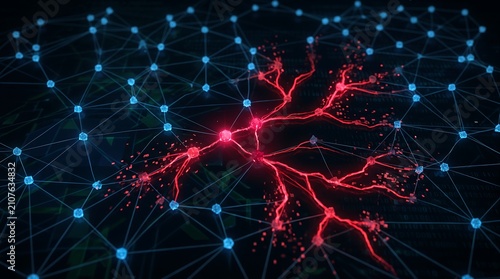 Digital network compromise showing red malware infection spreading through connected blue data nodes system