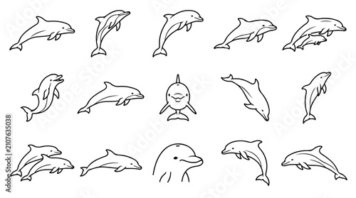Canvastavla Minimalist dolphin line art icons, set of 15 aquatic mammal vector illustrations