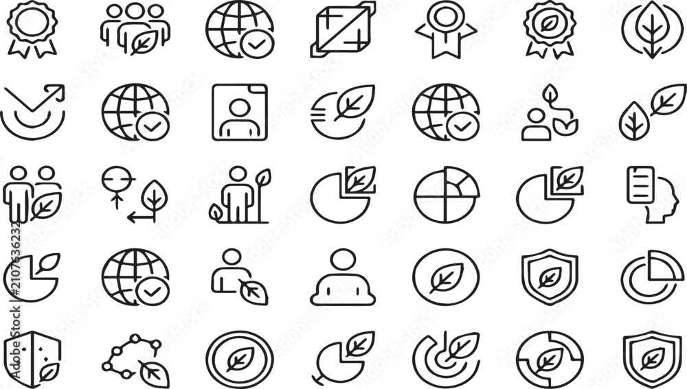 Fototapeta premium Sustainability Icon Set Eco Growth Global Leaf Badge Vector Collection Line Outline Black Symbol Design
