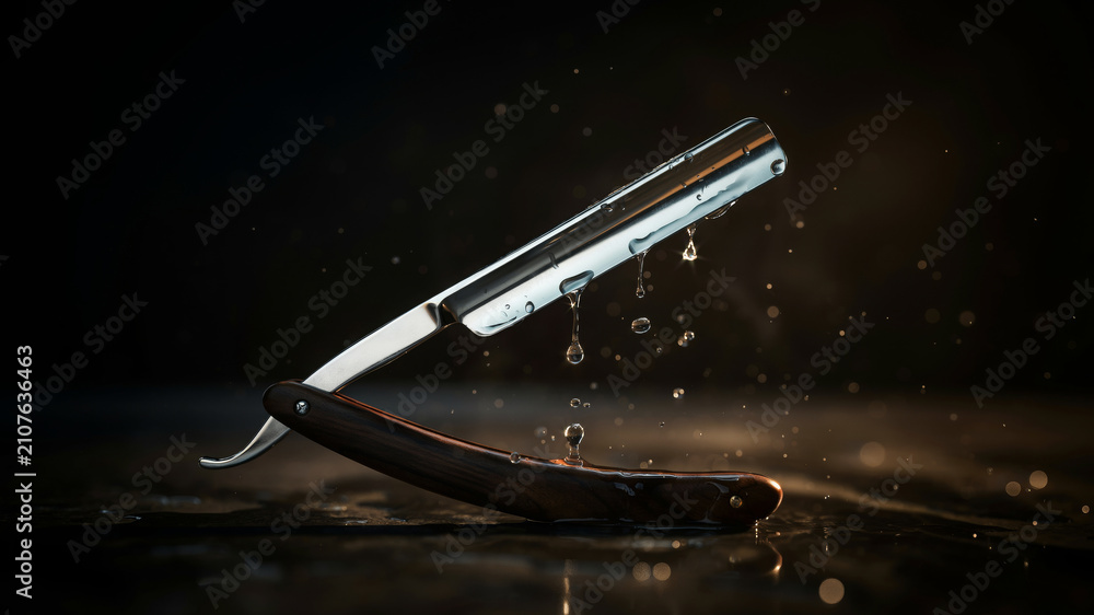 Obraz premium Classic Straight Razor with Water Droplets for Professional Barber and Wet Shaving Concept