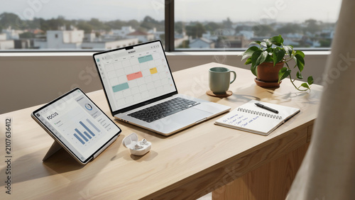 Modern home office desk with laptop tablet earbuds coffee and planner for productive work