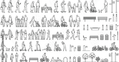 Quadro su tela Isometric Urban People and Street Furniture CAD Blocks Vector Collection with Pe