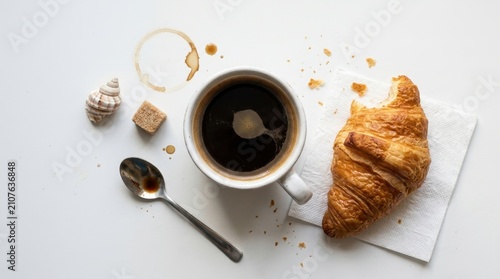 Delicious black coffee in a white ceramic mug sits beside a golden buttery croissant on a napkin with a sugar cube and seashell nearby. Top view captures a cozy morning breakfast scene perfectly.