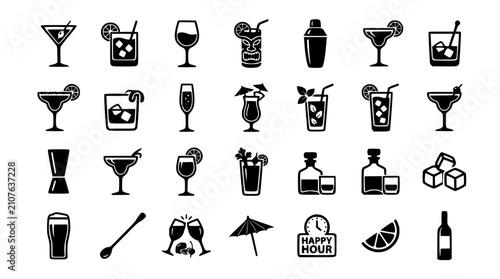 Cocktail and bar icon set with alcoholic drinks beverage glasses shaker ice cubes bottle and happy hour symbols isolated vector illustration