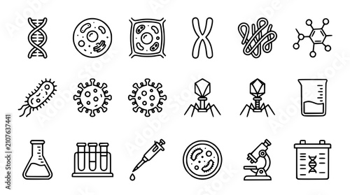 Tableau sur toile Microbiology and Molecular Biology Line Art Icon Set with DNA Helix Virus Bacter
