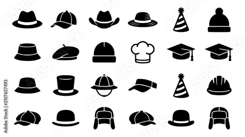 Foto Men and Women Hat Silhouette Icon Set with Cowboy Cap Fedora Beanie Graduation M